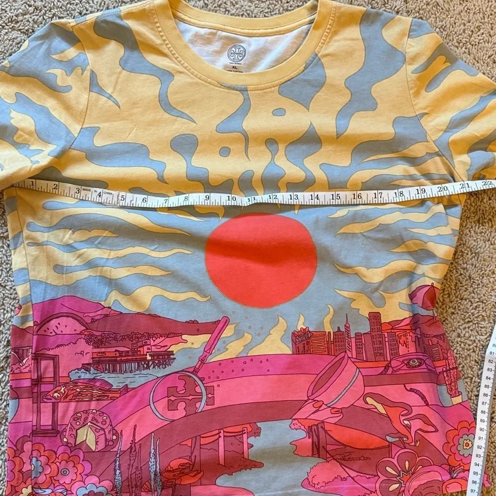 TORY BURCH TEE 100% COTTON GRAPHIC VIBRANT COLORFUL COASTAL HIPPIE OCEAN SUN XL